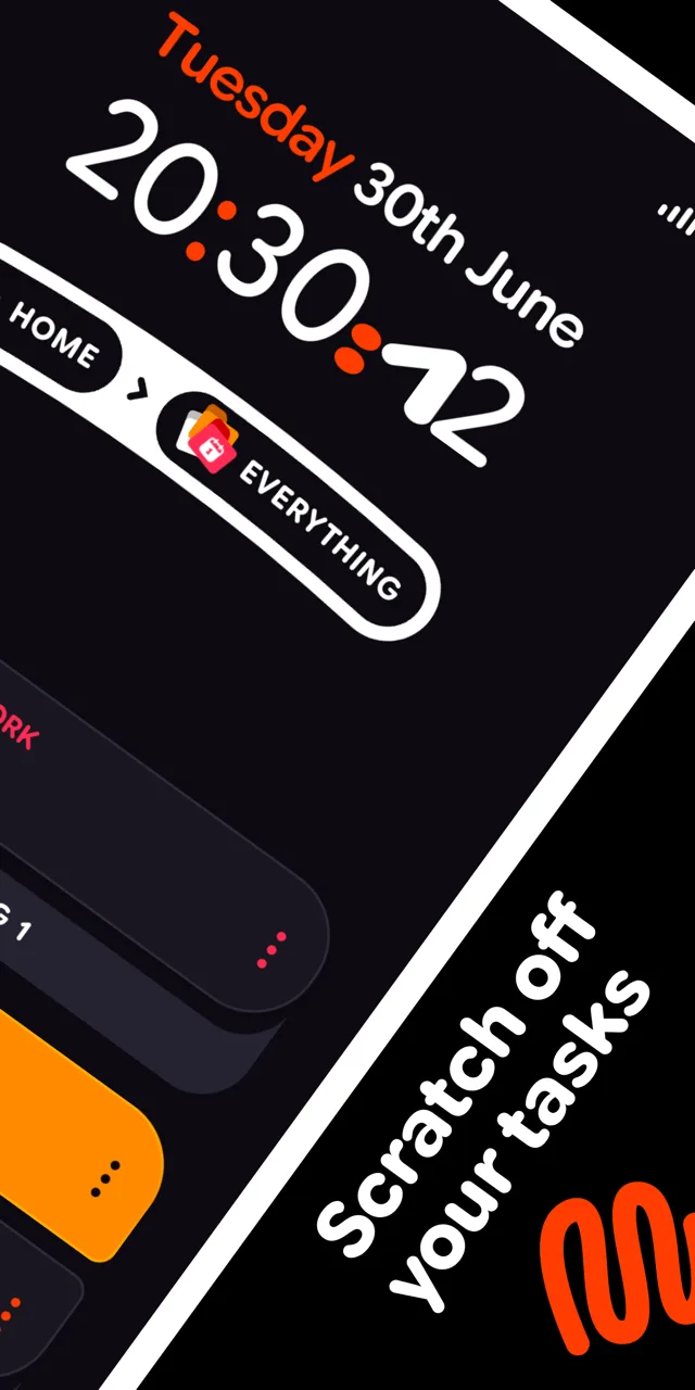 Headscratch home screen showing the time and the Everything list — scratch off your tasks